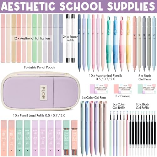 65PCS Aesthetic School Supplies Back to School Supplies Cute Stationary Set | College Essentials Kit with Pencil Case, Pastel Highlighters Gel Pens Mechanical Pencil Set 0.5 0.7 & 2.0mm for Student Girls