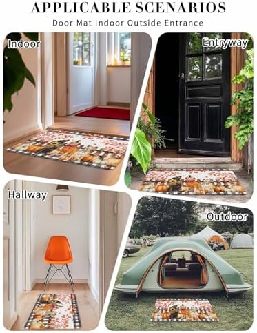 Fall Door Mat Orange Pumpkin Dog Doormat Bow Puppy Maple Leaves Fence Plaid Harvest Thanksgiving Welcome Mat Non Slip Entryway Front Rug Floor Mat for Indoor Outdoor Kitchen Autumn Holiday Decor 20x32