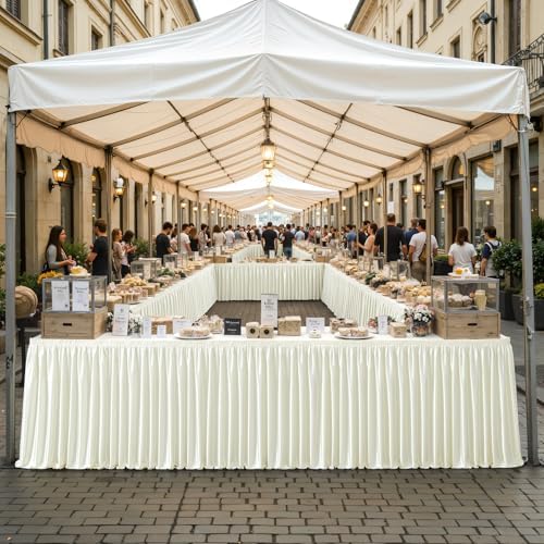 Wish Care 9ft Ivory Satin Table Skirt for Rectangle Tables Wrinkle Free Teacher Desk Skirt Glitter Ruffle Table Skirting Cloth for Back to School Classroom Office Dorm Birthday Party Table Decor