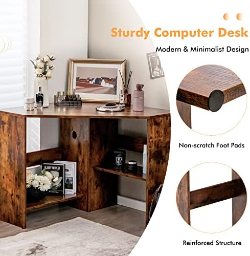 COSTWAY Corner Computer Desk, Space-Saving Triangular Writing Desk w/ 2 Storage Shelves & 2 Cable Holes, Multi-Functional Console Table for Small Space in Home Office, Living Room, Bedroom (Coffee)