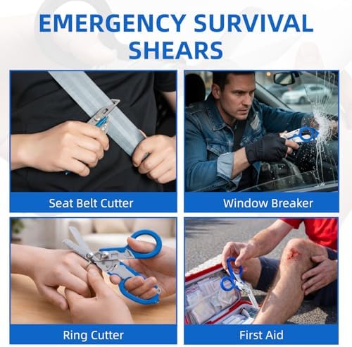 Heavy Duty 6 in 1 Multifunctional Trauma Shears Foldable | Stainless Steel emergency response scissors | Survival Shears with Holster | Medical Trauma shears Tactical With Strap Cutter | Blue
