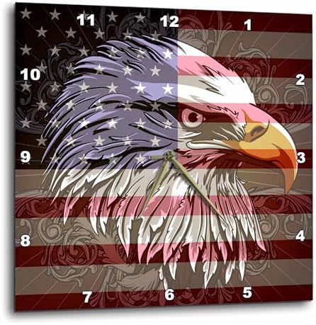 3dRose Wall Clock Silent - 15 inch - Ornate Patriotic Bald Eagle and USA American Flag Pride Great for Fourth of July Independence Day - Patriotic Designs