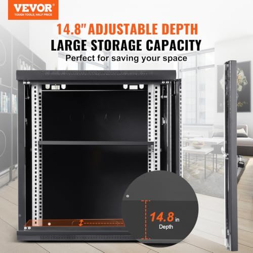 VEVOR 9U Wall Mount Network Server Cabinet, 15.5'' Deep, Server Rack Cabinet Enclosure, 200 lbs Max. Ground-Mounted Load Capacity, with Locking Glass Door Side Panels, for IT Equipment, A/V Devices