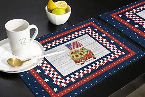 Fourth of July USA American Flag Farm Trucks Placemats Set of 4, Blue Red White Stripes Stars Rustic Wooden Buffalo Check Heat Resistant Washable Table Mats Decoration for Kitchen Dining Outdoor