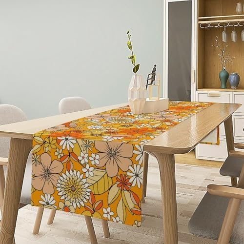 Floral Table Runner Retro 70s Hippie Daisy Flower Peace Love Birthday Party Retro Kitchen Dinning Home Decoration 13x70 Inch