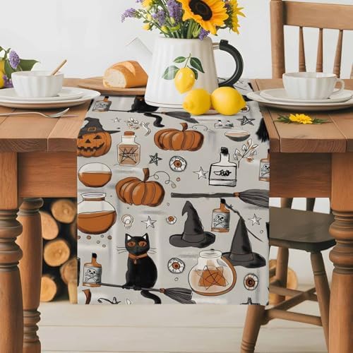 Vintage Style Table Runner Dresser Scarf 13 x 72 Inch Halloween Black Cat Orange Pumpkin Witch Hat Table Runners Non-Slip Heat Resistant Kitchen Dining Table Decor for Home Holidays Indoor Outdoor