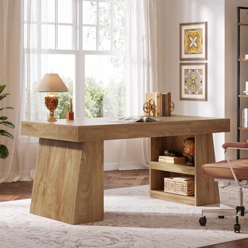 Tribesigns 55-Inch Executive Desk with Drawer, Large Office Computer Desk with Double Pedestal and Storage Shelves, Farmhouse Wooden Writing Table Workstation Business Furniture for Home Office, Brown