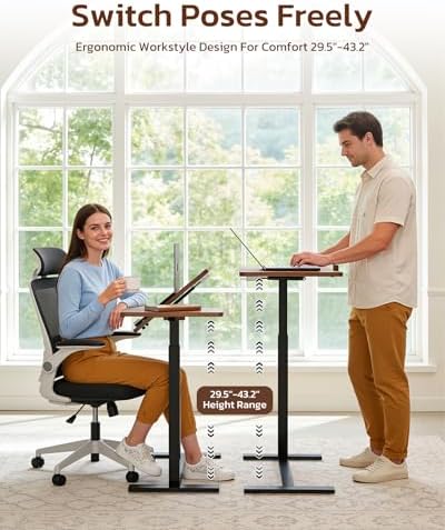 Simple Deluxe Standing Rolling Desk with Hidden Casters, Height Adjustable Pneumatic Mobile Laptop Desk, Tilting Bedside Table for Laptop, Overbed Bedside Table Hospital Home Use, Brown