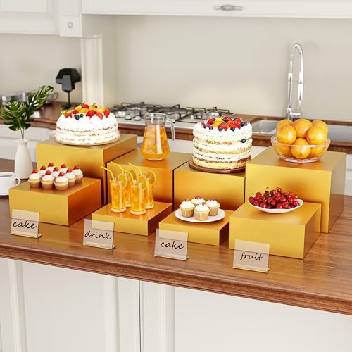 Metal Buffet Risers,4PCS OVERSIZED Food Risers for Buffet Table 8''X9''10''X11'' Display Stand with Mini Acrylic Signs for Catering Dessert Collectibles Jewelry Figures Show Gold Cube Boxes Nesting Risers with Hollow Bottoms
