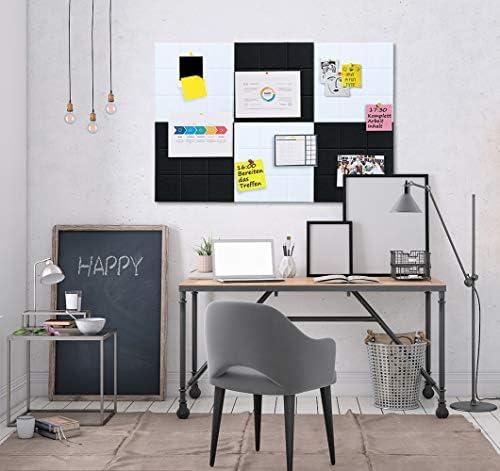 Large Felt Board Tiles for Wall with 30 Push Pins, 11.8"x11.8" Pack of 6 Pin Board Notice Boards for Home Office Kitchen, Bulletin Board Wall Tiles for Photos Memos (Black+White, 6 Pack)