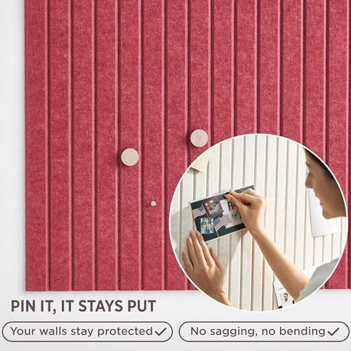 VIVELDA Felt Bulletin Board Tiles 48"x36" - 12-Pack Cork Board Alternative, Oeko-TEX Certified, NRC 0.95 Acoustic Wall Panels, Damage-Free Adhesive, Slatted Design, Home Office & Classroom (Burgundy)