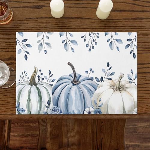 Fall Placemats Set of 4, White Blue Pumpkin Place Mats Blue Eucalyptus Leaves Tablemats Harvest Thanksgiving Placemat Table Decoration for Kitchen Table Holiday Dinner Party Autumn Home Decor