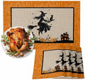 Vandarllin Halloween Fun Placemats Set of 6, Haunted House Witches Cat Pumpkins Cotton Linen Stain Resistant Table Mats Washable Placemat Decoration for Kitchen Dining Table,Scary Movie Nights