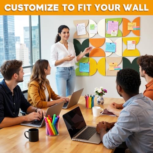 24PCS 11.8" Large Semi-Circle Felt Cork Board Tiles, Geometric Bulletin Boards with 50 Pushpins, 35 Adhesive Tabs for Office School Home Wall Decor Stickers Memos Photos Display (Semicircle)