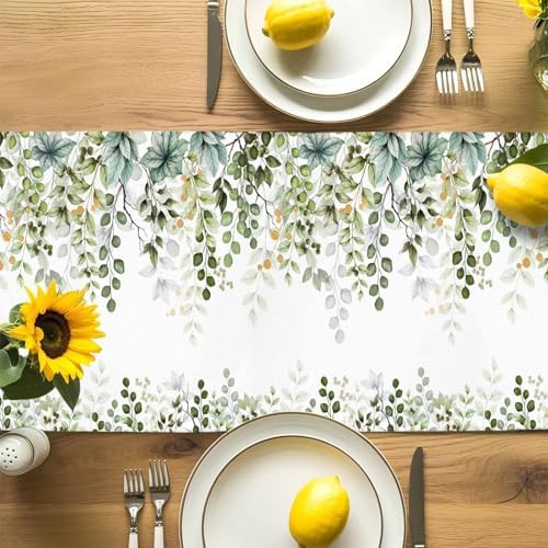 Green Eucalyptus Leaf Table Runner Dresser Scarf 13 x 120 Inch Farm Sage Green Orange Leaves Branch Table Runners Non-Slip Heat Kitchen Dining Tabletop Cover for Indoor Outdoor Home Party Decoration