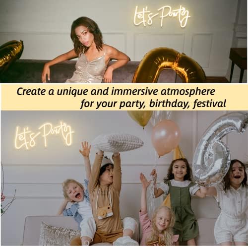 Lets Party Neon Sign with Dimmable for All Partys,17x7.5inch, Neon Lights for Wall Decor, Birthday, Wedding, Bachelorette Party, Valentine's Day Gifts Let's Party Neon Lights with 5V USB Cable, Warm White Cheers Sign