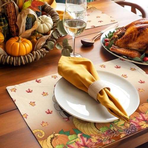 Vandarllin Thanksgiving Turkey Placemats Set of 4, Fall Leaf Autumn Harvest Pumpkin Cotton Linen Stain Resistant Table Mats Washable Placemat Decoration for Kitchen Dining Table,Yellow