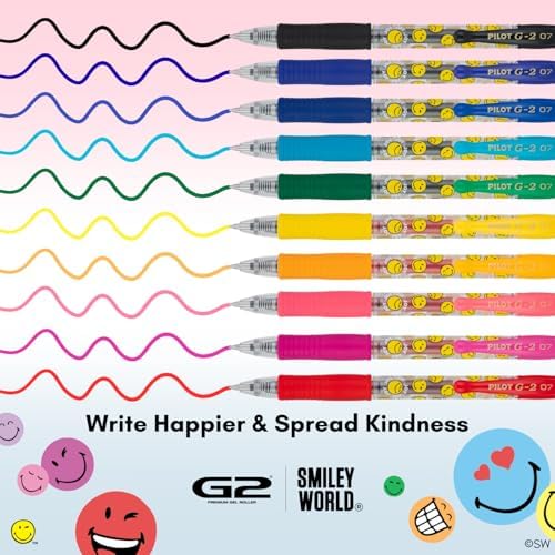 PILOT, G2 Smileyworld Gel Roller Pens, 10 Pack Pouch, Assorted Ink