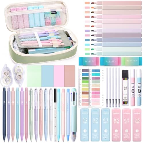 XKDOUS 54 Pcs Pencil Case with Supplies, Cute Aesthetic Stationery Set | Large Pen Case, 9 Mechanical Pencils 0.5/0.7/2.0mm, 12 Pastel Highlighters & 5 Gel Pens, Cute Aesthetic School Supplies
