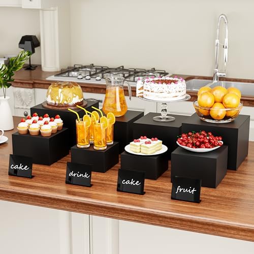 Metal Buffet Risers,4PCS Food Risers for Buffet Table 5in to 8in Display Stand with Mini Acrylic Signs for Catering Dessert Collectibles Jewelry Figures Show Matte Black Cube Boxes Nesting Risers with Hollow Bottoms