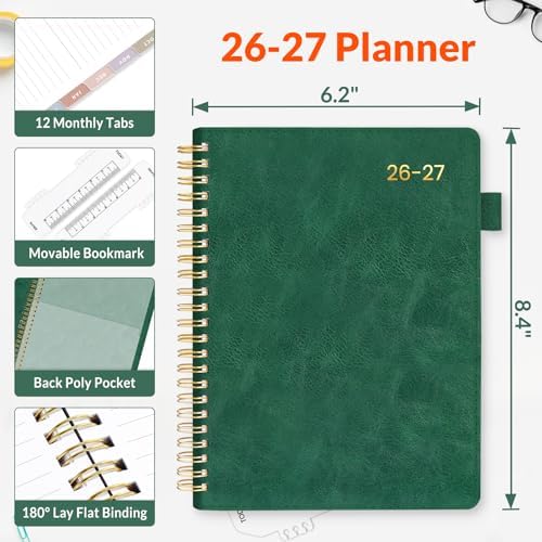 SUNEE 2026-2027 Weekly & Monthly Planner 6.4"x8.5" - 12 Month (July 2026 - June 2027), Vegan Leather Cover Planner Academic Year Calendar, Pocket, Notes, Monthly Tab, Deep Green