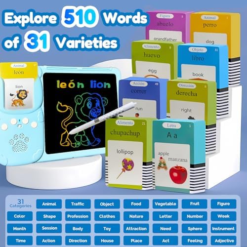 Writing Tablet with Bilingual Flash Cards for Kids, Spanish Blue