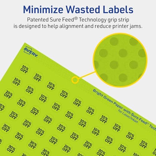 Avery Printable Round Labels, Sure Feed Technology, 1/2" Diameter, Bright Green Labels, Print-to-the-Edge, Laser/Inkjet, 6,160 Total, Great for Price Stickers and Mailing Seals