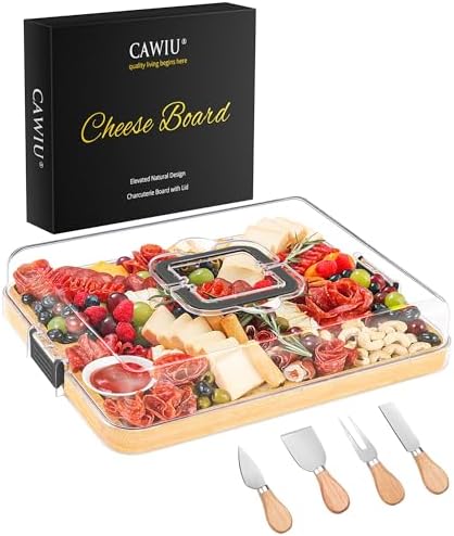 CAWIU Large Charcuterie Board with Lid, Portable Cheese Board & Snack Tray