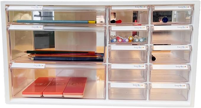 13 Drawers and Dividers Desk Drawer Organizer for Hair Accessories Arts Crafts Sewing Supplies Stationary Teacher Toolbox Medicine Vitamin, White, A9-2110-WT