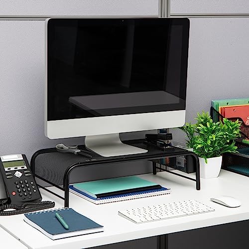 Mind Reader Monitor Stand, Ventilated Laptop Riser, Desktop Organizer, Side Storage, Metal Mesh, 20" L x 11.5" W x 5.5" H, Black (Pack of 2)