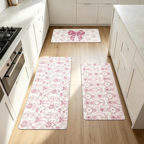 Pink Bow Kitchen Rug and Mat, Cute Coquettte Kitchen Rugs