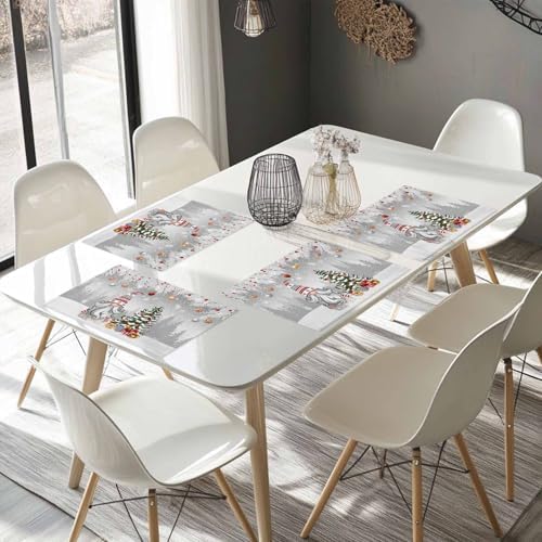 Christmas Gnome Placemats Set of 4, Winter Merry Christmas Tree Balls Heat Resistant Washable Table Place Mats Grey Cotton Table Linens Party Holiday Decor for Kitchen Dining Outdoor Indoor