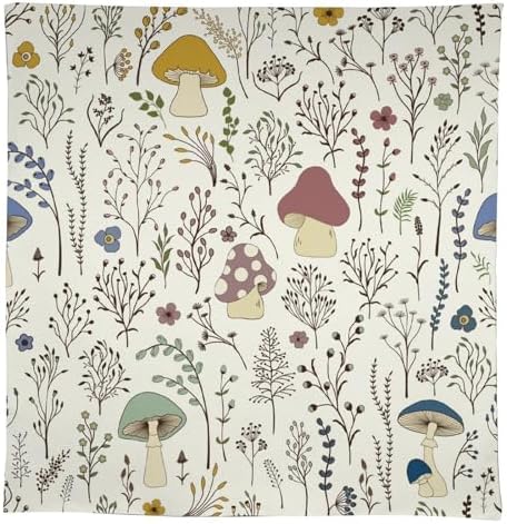 Mushroom Tablecloth, Boho Floral Rustic Wildflower Herbs Plants Colorful Botanical Green Leaves Print Table Cloth for Kitchen Dining Picnic Party Restaurant Decoration 55x75in
