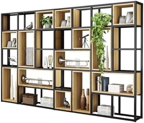 Wood Industrial Cube Bookcase with Shelves & Open Back Iron Bookshelf Floor Steel & Wood Shelf Multi-Layer Shelf Storage Rack Office Partition Display Rack Natural 110.2" L x 9.8" W x 78.7" H