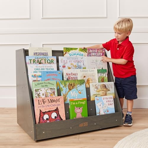 ECR4Kids Mobile Double-Sided 5-Shelf Book Display with Storage, Grey Wash