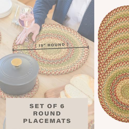 Homespice Azalea Braided Placemats for Primitive Decor, Round 15" Set of 6