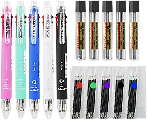 Baile 6 in 1 Multifunctional Pen 0.7 mm Ballpoint Pen 5 Colors and 0.5 mm Mechanical Pencil in One Pen, 5 Pens 5 Ballpen Lead Refills 4 Pencil Lead Refills