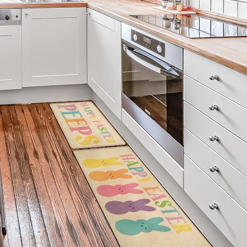 Happy Easter Kitchen Floor Mat Set of 2, Non-Slip Absorbent Rugs and Door Mats, Spring Seasonal Bunny Decorative Home Kitchen Doormat 17x29 and 17x47 Inch DM138