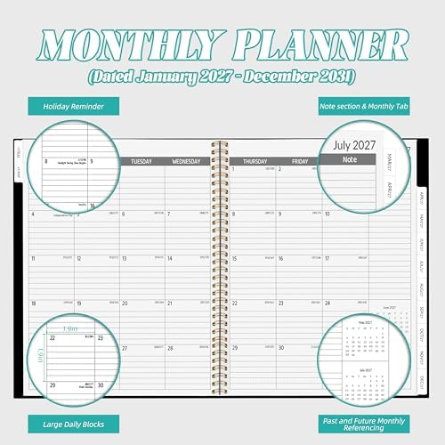2027-2031 Monthly Planner, 5 Year Monthly Planner/Calendar 20276-2031, 60-Month Jan 2027 – Dec 2031, 9" x 11", Tabs, Double-Side Pocket, Holidays, Thick Paper, Polypropylene Cover - Black