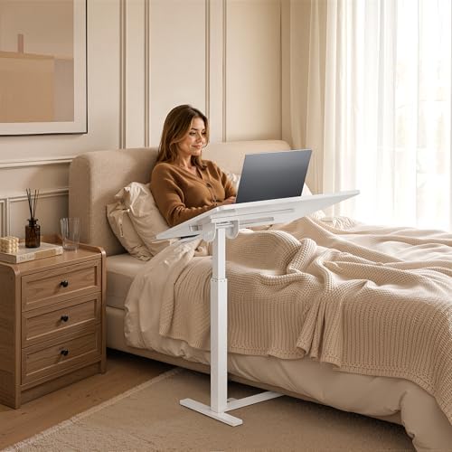 Mobile Standing Desk Adjustable Overbed Table, Pneumatic Height Adjustable Rolling Laptop Desk with Hidden Wheels, 0-180°Tilt Top Rolling Computer Cart Foldable for Home Office, Craft & Study, White