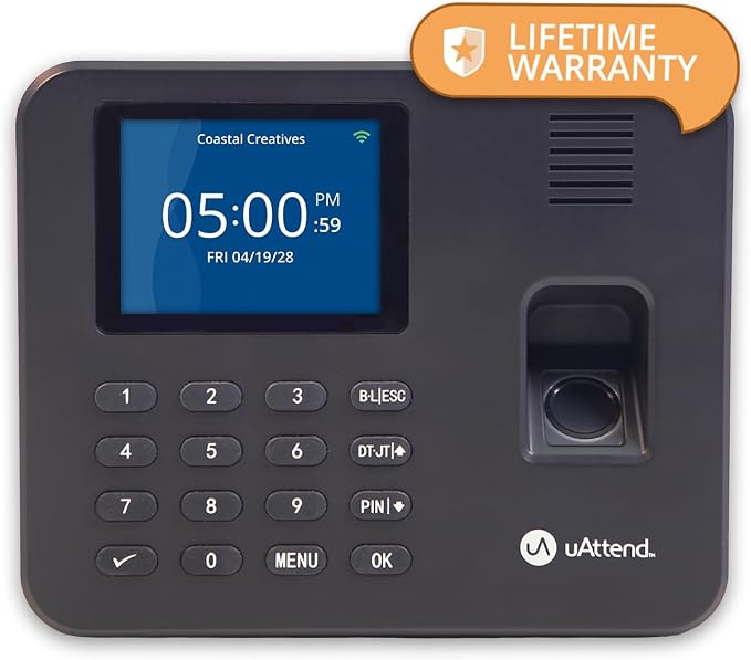 uAttend RE2000 Biometric Time Clock for Employees – Fingerprint + PIN Punching, Wi‑Fi Cloud Time & Attendance System with Offline Storage, Payroll-Ready – Small Business Time Tracking
