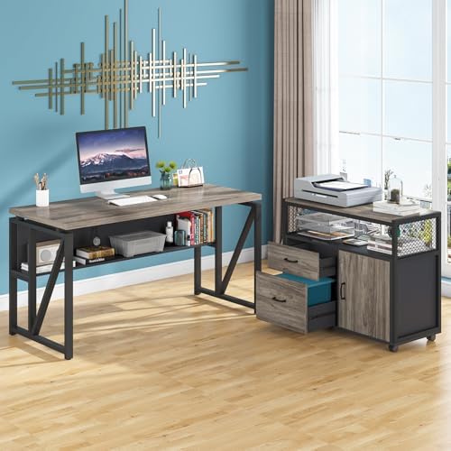 Tribesigns Grey Executive Desk with Cabinet, 55" L Shaped Computer Desk and lateral File Cabinet with Locks, 2 Piece Home Office Furniture Set for Hanging