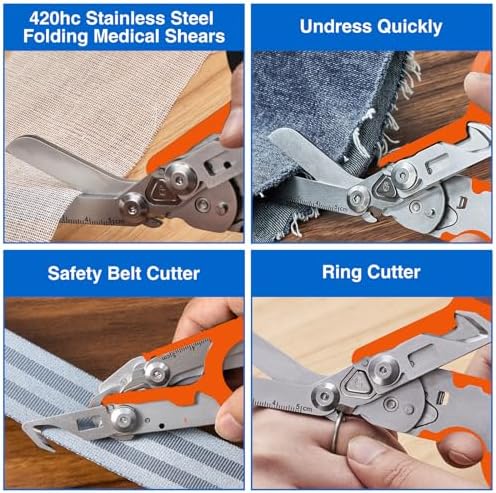 Heavy Duty 6 in 1 Multifunctional Trauma Shears Foldable | Stainless Steel emergency response scissors | Survival Shears with Holster | Medical Trauma shears Tactical With Strap Cutter | Orange