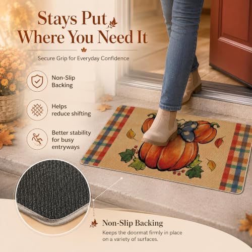 Welcome Pumpkin Decorative Front Door Mat, Autumn Plaid Doormat
