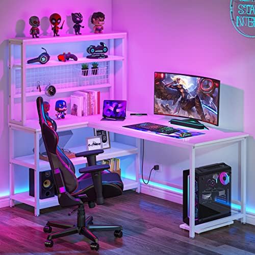 LITTLE TREE L-Shaped Computer Desk, 55 Inch Reversible Office Desk, Study Writing Table with Wireless Charging and Bookshelf for Home Office, White
