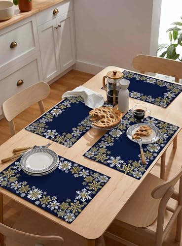 Gold White Snowflakes Christmas Placemats Set of 4, Winter Xmas Holiday Heat Resistant Washable Table Place Mats Navy Blue Cotton Table Linens Party Holiday Decor for Kitchen Dining Outdoor Indoor