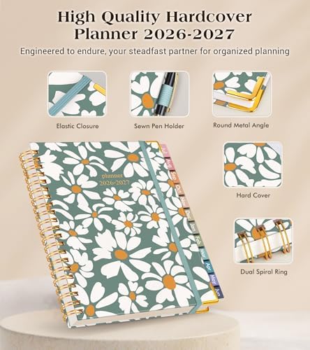 Academic Planner 2026-2027, Hardcover Weekly and Monthly Calendar Planner from July 2026 - June 2027, 6.1" x 8.2" A5 Daily Agenda with Tabs, College School Organizer for Student Teacher, Field of Daisies