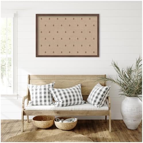 Kate and Laurel Framed Fabric Pinboard 38 x 26, Red Botanical Block Print Printed Linen Classic Bulletin Board for Use as a Vision Board or Wall Organization, Florence Medium Brown Frame