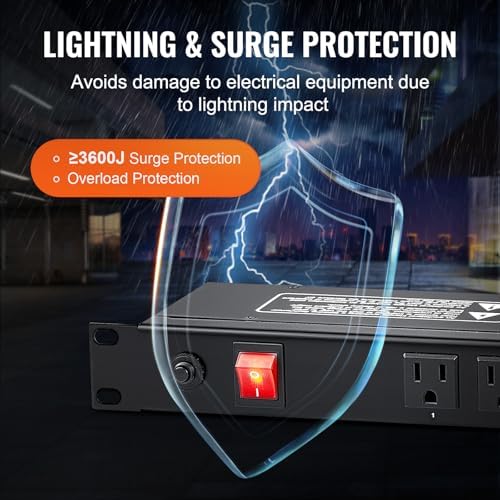 VEVOR 12 Outlet Horizontal 1U Rack Mount PDU Power Strip for Network Server Racks, Surge Protection & Overload Protection, 110-125V/15A, with 6ft 14AWG Power Cord