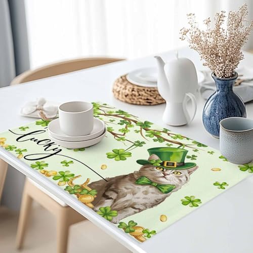 Funny Cat Green Shamrock Clover Placemats Set of 6, St. Patrick's Day Top Hat Cotton Linen Table Mats Non-Slip St. Patrick's Day Green Lucky Cat Magic Hat Placemat for Dining Kitchen Table Decor